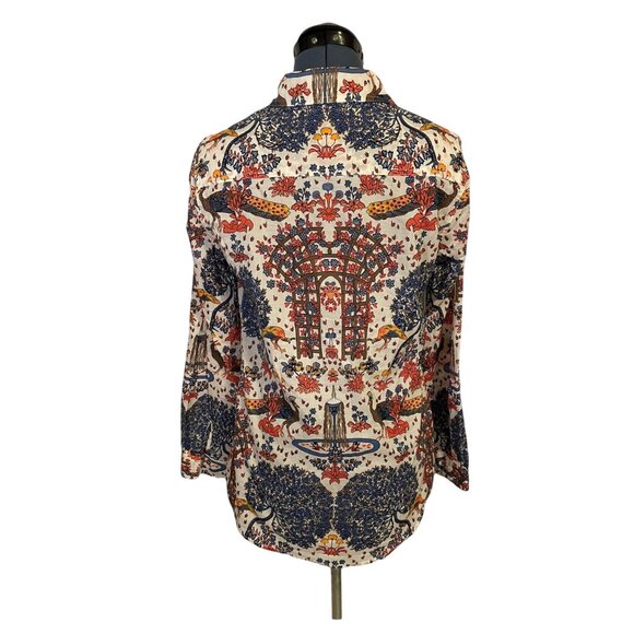 J McLaughlin Lois Blue Orange Floral Peacock Print Long Sleeve Buttoned Shirt - Picture 3 of 9